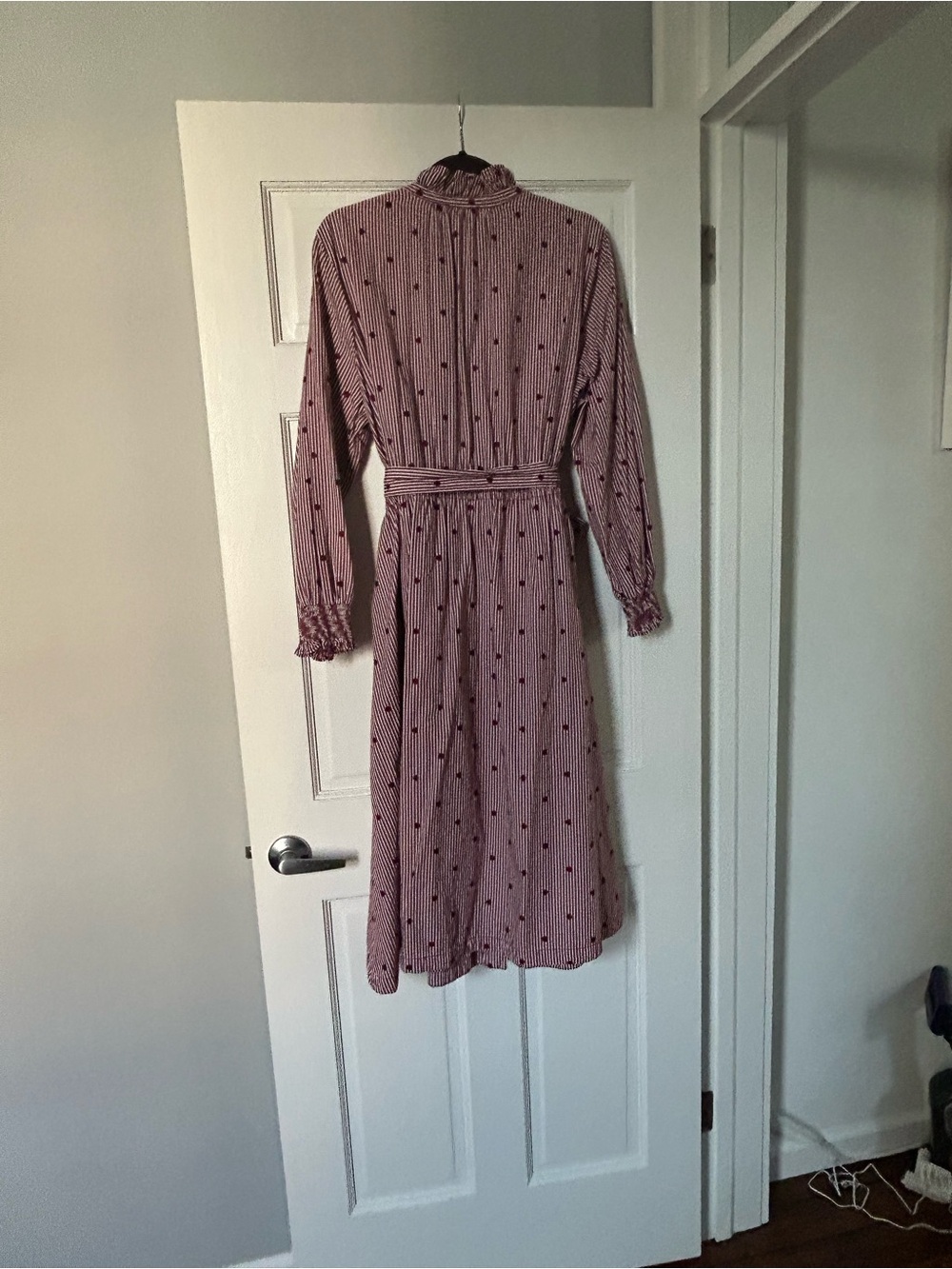 Striped Burgundy Midi Dress with Tie Waist and Ruffle Collar - Picture 5 of 5